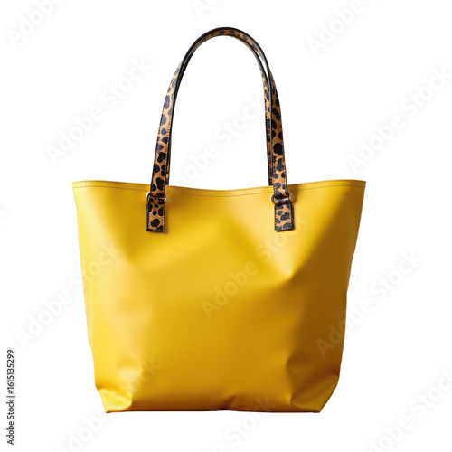 Stylish Yellow Tote Bag with Leopard Print Handles for Fashion Enthusiasts on transparent background