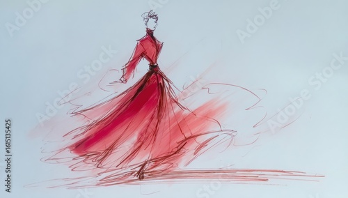 Quick sketch of a slender figure in a long, flowing red gown with a cinched waist. Loose, energetic strokes capture movement and form on a white background