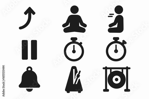 Fitness and meditation solid icon set: includes timer, yoga, bell, and more