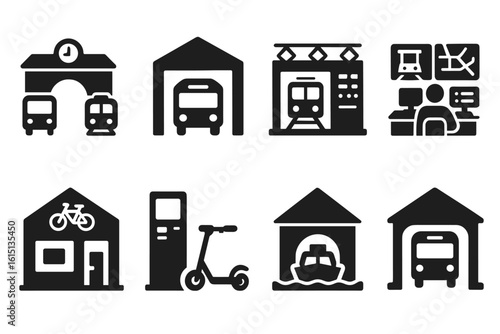 Transportation and infrastructure solid icon set. travel, transit, and commuting symbols