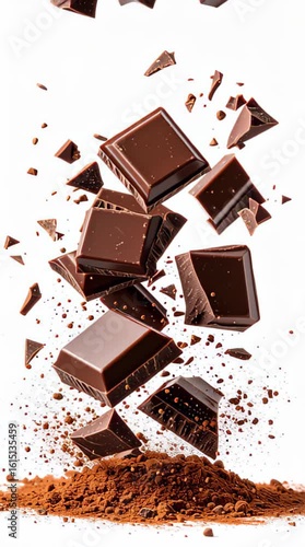 Slowly floating chocolate pieces on white background vertical video — rich dark and milk chocolate flying in smooth motion for elegant minimal food visuals. High quality FullHD footage