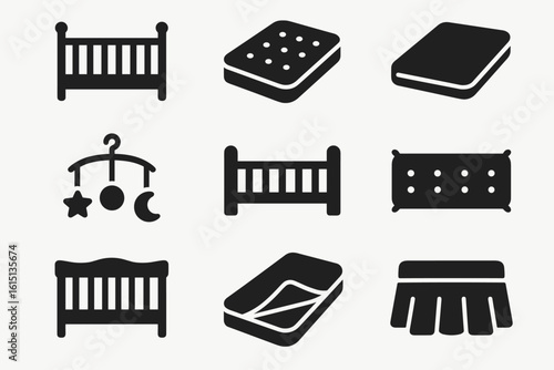 Baby and nursery solid icon set for infant essentials and decoration