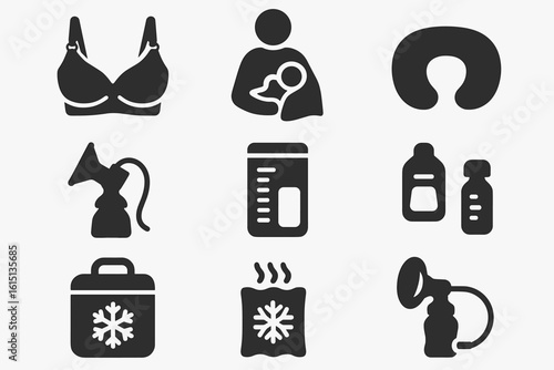 Breastfeeding, nursing silhouette icon set. baby care, motherhood icons collection