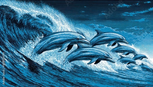 Sea Riders. A pod of dolphins leap and swim in unison before a massive, churning wave. The scene is predominantly shades of blue, creating a dynamic and energetic marine artwork