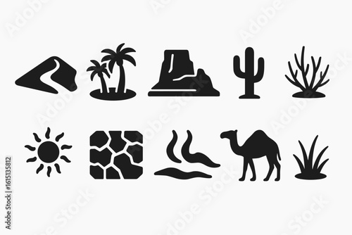 Desert silhouette icon set: cactus, camel, and sand dune icons in silhouette style