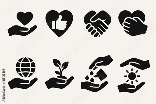 Charity and support solid icon set. hands, heart, and care icons collection