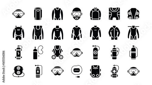 Scuba Diving Equipment Icons Vector Set for Water Sports Adventures and Underwater Exploration Designs