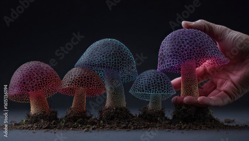 Luminous, netted, colorful mushrooms on dark soil, arranged in size order. Hand touches the largest, which glows purple. The backdrop is dark gray