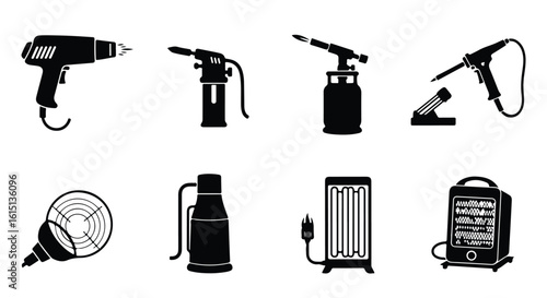 Vector silhouette illustration set collection of black silhouette icons representing various heating tools and appliances on a white background