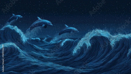 Dolphins leaping over large waves under a starry night sky, rendered in shades of blue. Aquatic mammals play in the turbulent sea beneath a celestial expanse