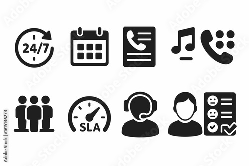 Customer support solid icon set. essential helpdesk, service icons collection