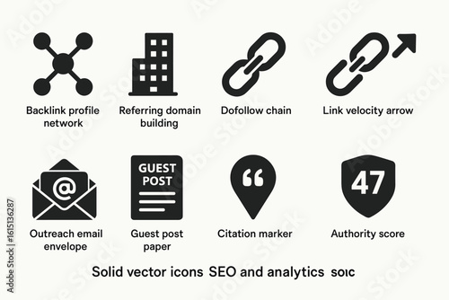 Seo and analytics solid icon set. backlink, authority icons solid collection