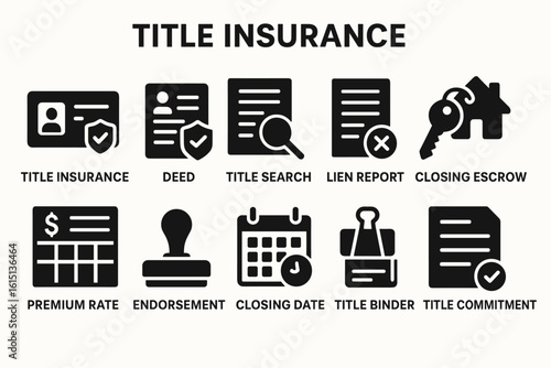 Real estate, title insurance solid icon set. property, legal documents icons collection