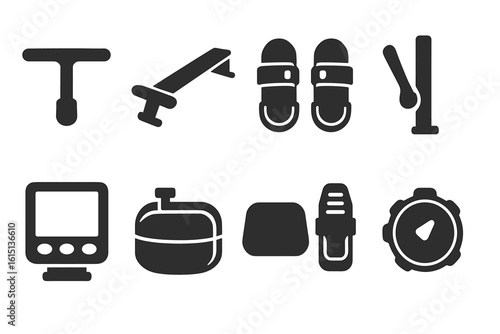 Home gym solid icon set. fitness, exercise equipment symbols collection