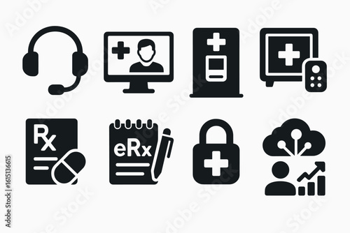 Medical and healthcare solid icon set. telemedicine, prescription, security icons solid