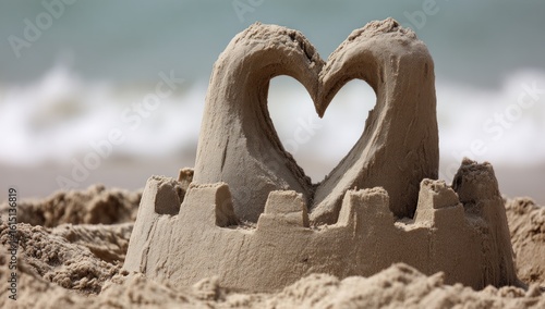 Sandy Love A small sandcastle featuring a heart-shaped opening rests on a sandy beach with the ocean blurred in the background, creating a romantic and summery atmosphere
