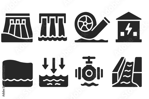 Hydroelectric power solid icon set. energy, dam, turbine symbols solid collection