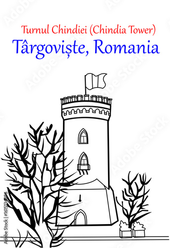 CIMAHI, INDONESIA-July 29, 2025-Outline or art line of Chindia Tower,Targoviste Romania. Vector graphic design cartoon building illustration for collection, poster,background,wallpaper,sticker,sketch.
