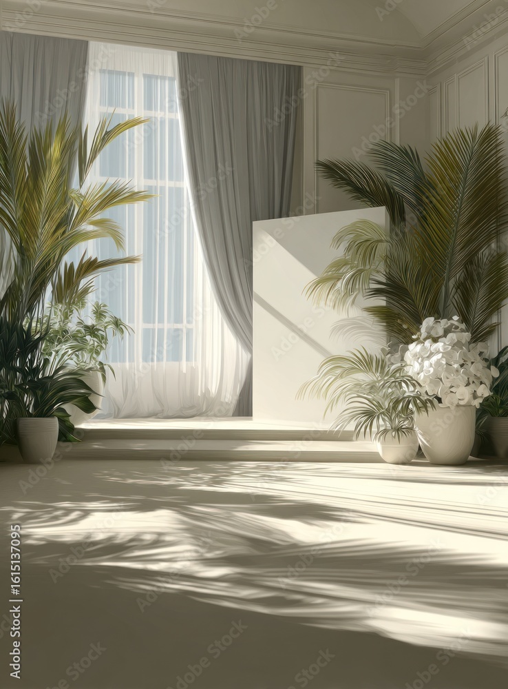 Fototapeta premium Bright, airy room with plants & sunlight casting shadows. Tall window draped with fabric, steps to platform w/ blank canvas. Interior design emphasizes simplicity and natural elements