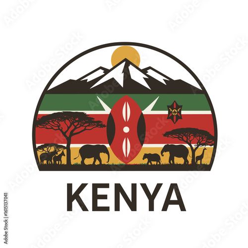 Vector illustration of Kenya with Mount Kenya, wildlife, sun, and national flag in background. Safari and culture travel concept
