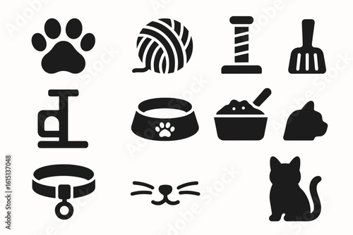 Pet care silhouette icon set. cat, dog essentials silhouette collection.