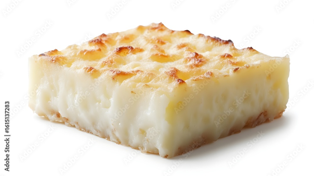Photograph of a square, creamy, custard-like dessert with a browned, textured topping on a white background. Photograph of a square, creamy, custard-like dessert with a browned, textured topping on a white background.