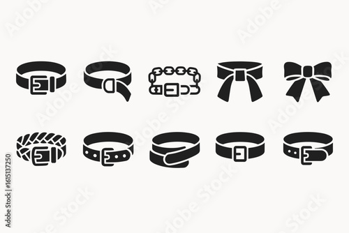 Fashion, accessory silhouette icon set. belt styles, buckle silhouette collection