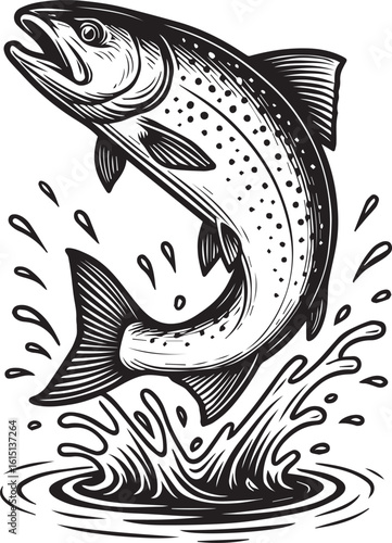Vintage style jumping trout fish illustration isolated on white background