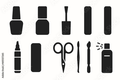 Beauty and grooming solid icon set. nail, scissors, bottle, grooming, self-care icons