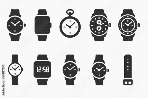 Watch and clock solid icon set. timekeeping, stopwatch, wristwatch graphic pack