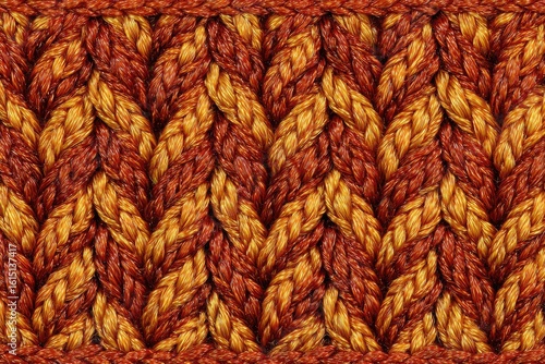 Close-up of textured, hand-knitted fabric with orange-red color gradient