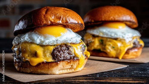 Two juicy burgers stacked with melting cheese, a fried egg, and a soft bun, set on a rustic surface with a brick backdrop