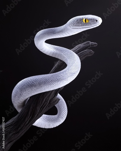 White Snake Wrapped Around Dark Branch on Black Background with Yellow Eyes