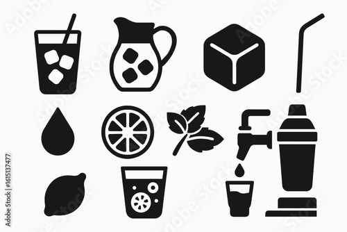 Cocktail and beverage solid icon set. drink, ice, lemon, mixer, glass icons solid collection