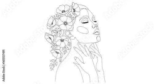 Elegant line art drawing of a womans face adorned with delicate flowers in her hair isolated on transparent background