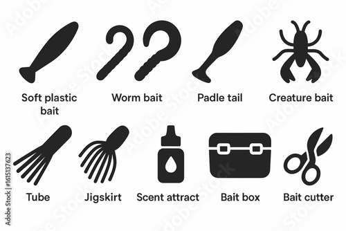 Fishing equipment icon set. bait and tackle silhouette icons collection