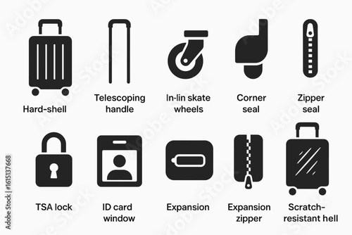 Travel essentials solid icon set. luggage, wheels, zipper, lock, suitcase visuals