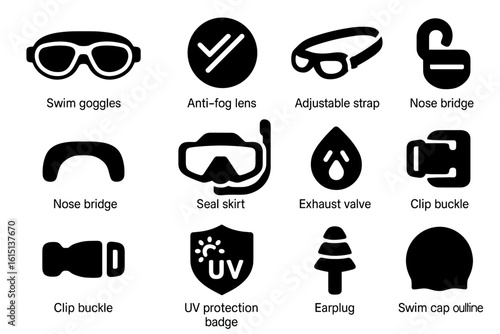 Swimming equipment solid icon set. swim gear, uv protection, and accessories