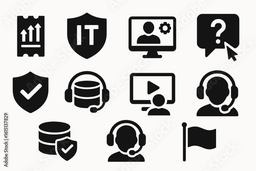 Business and it silhouette icon set. essential tools and support icons silhouette
