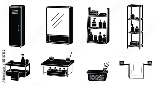 Vector silhouette illustration set. Collection of bathroom furniture and storage solutions, including cabinets, shelves, and towel racks
