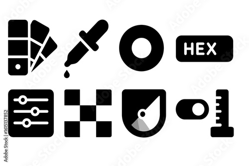 Color tool filled icon set. palette, dropper, measurement filled icons collection