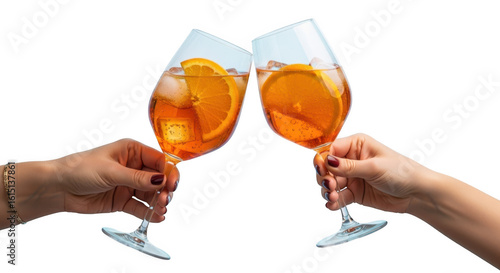 Two people toasting aperol spritz cocktails with orange slices and ice in clear glasses isolated on transparent background
