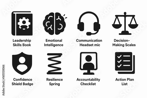 Leadership skills solid icon set. emotional intelligence, decision-making icons collection