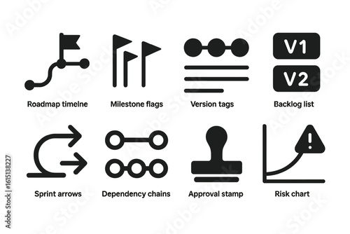 Project management solid icon set. milestones, roadmap, backlog icons collection