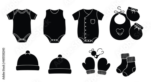 Vector silhouette illustration set. Collection of black silhouette baby clothing essentials including bodysuits, bib, booties, socks, mittens, and hats