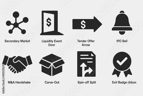 Finance and business solid icon set. m&a, ipo, liquidity event icons collection