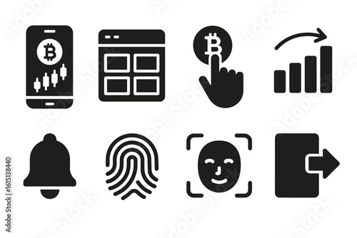 Finance and technology solid icon set for digital apps and security solutions