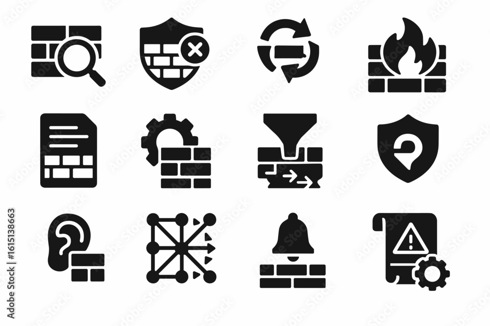 Naklejka premium Network security solid icon set. firewall, shield, protection icons for tech visuals