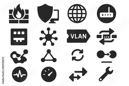 Network security solid icon set. firewall, internet protection, digital safety visuals