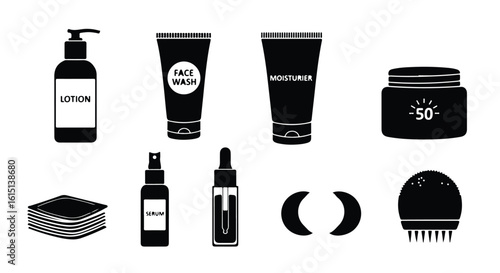 Vector silhouette illustration a set of skincare product icons, including face wash, moisturizer, serum bottles, and spray